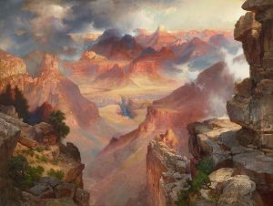 A painting of a rocky landscape with many cliffs, slopes, plateaus, and chasms.